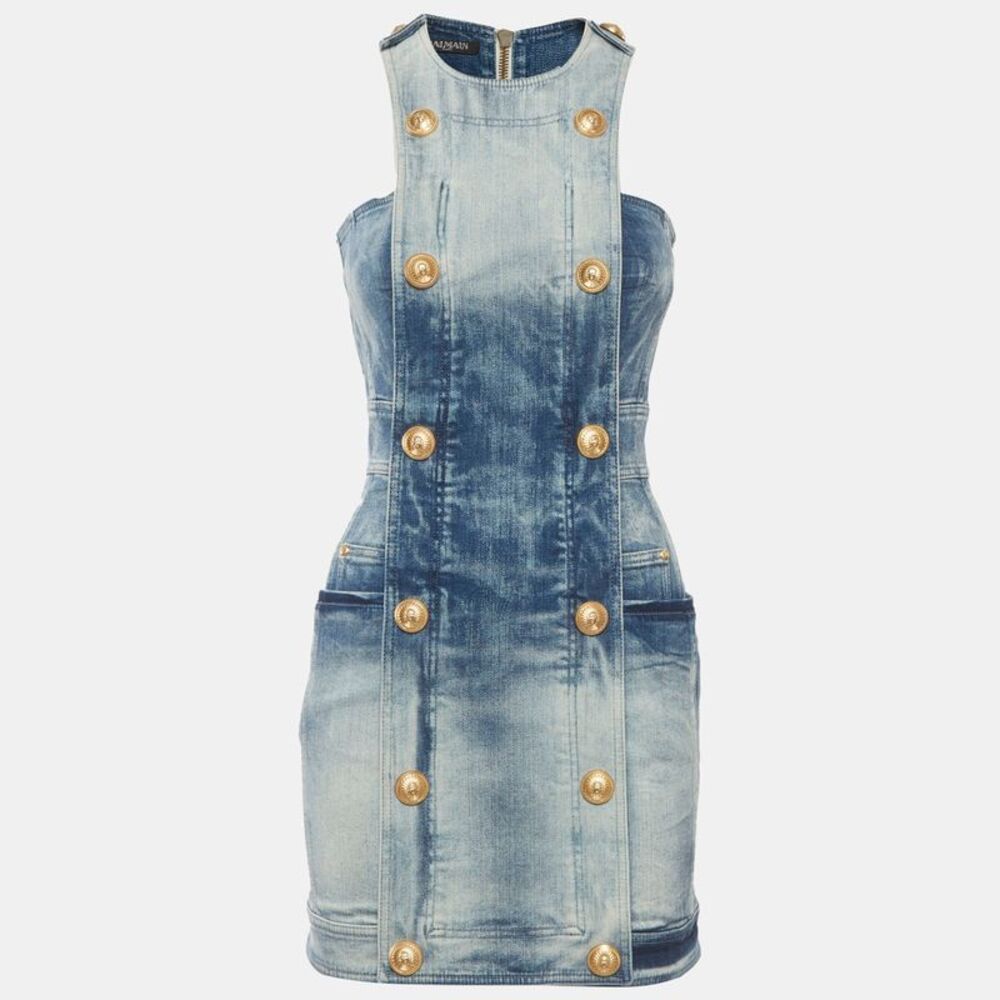 Balmain Blue Faded Denim Double Breasted Mini Dress S - Picture 2 of 6